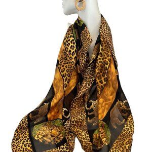 Leopard Silk Scarf Animal Print Square Safari 33" x 33" Bordered Hand Rolled Hem